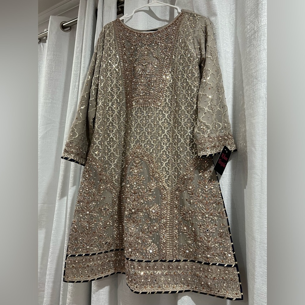 New! Indian Pakistani Gharara Beige Gold Blue Mirror work suit and gharara pants